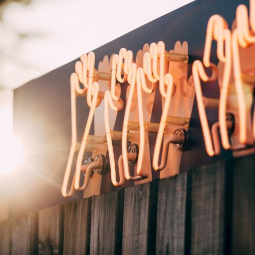 The image shows neon signs shaped like hands giving the peace sign, attached to a wooden fence, with sunlight in the background.